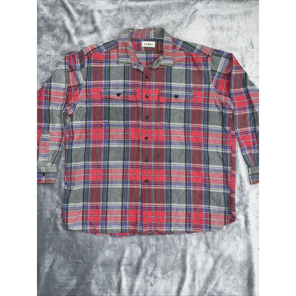 Vintage LL BEAN Flannel Shirt Men's XL (Regular) Plaid Red,‎ Gray and Blue Heavy